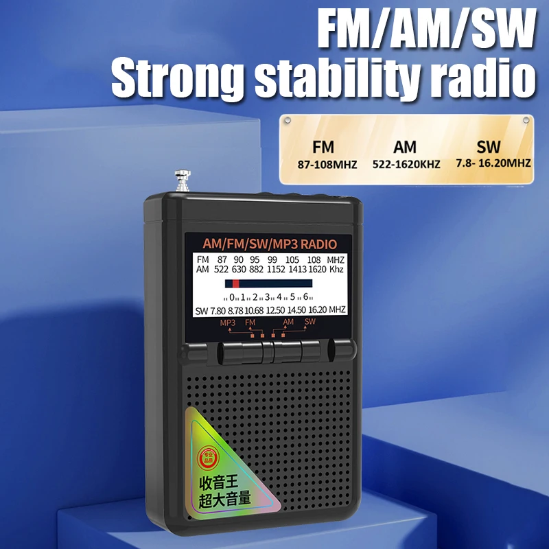 휴대용 풀 밴드 라디오 미니 FM AM SW 수신기 TF 카드 USB MP3 음악 플레이어, 3.5mm 잭 포함, 고감도 충전식 라디오