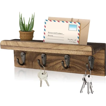 key holder for wall rustic with 4 hooks for hanging coats, umbrella