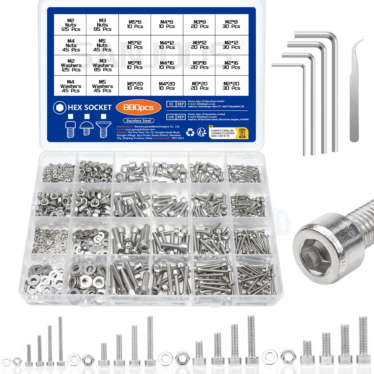 Hex Socket Head Cap Screw Set 880Pcs Hexagon Hex Socket Head Cap Screw Set M2 M3 M4 M5 Stainless Steel Nuts Washer Assortment Kit
