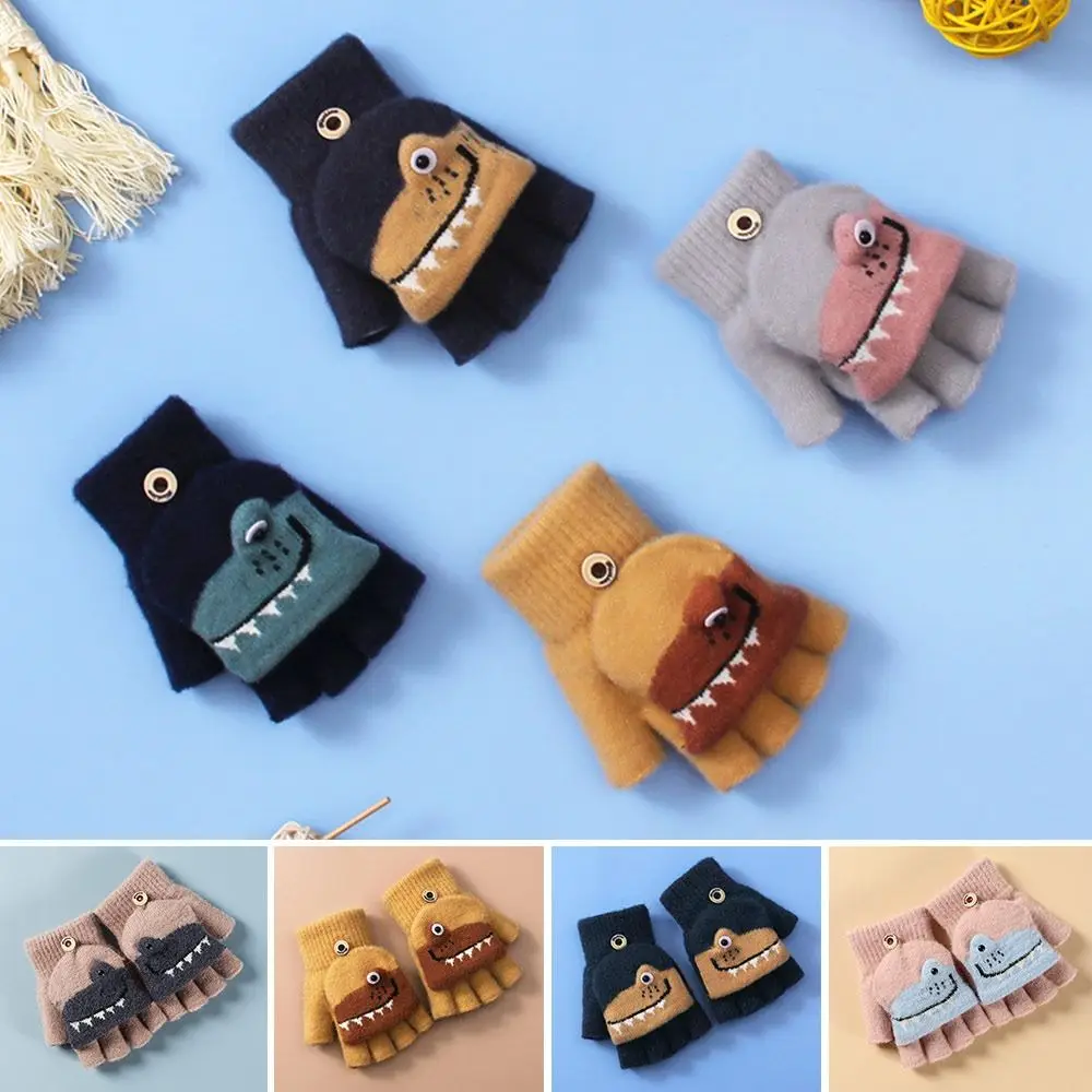 Children Mittens Winter Wool Knitted Gloves Faux Fur Warm Cute Cartoon Baby Boys Girls Gloves For 5-12 Years