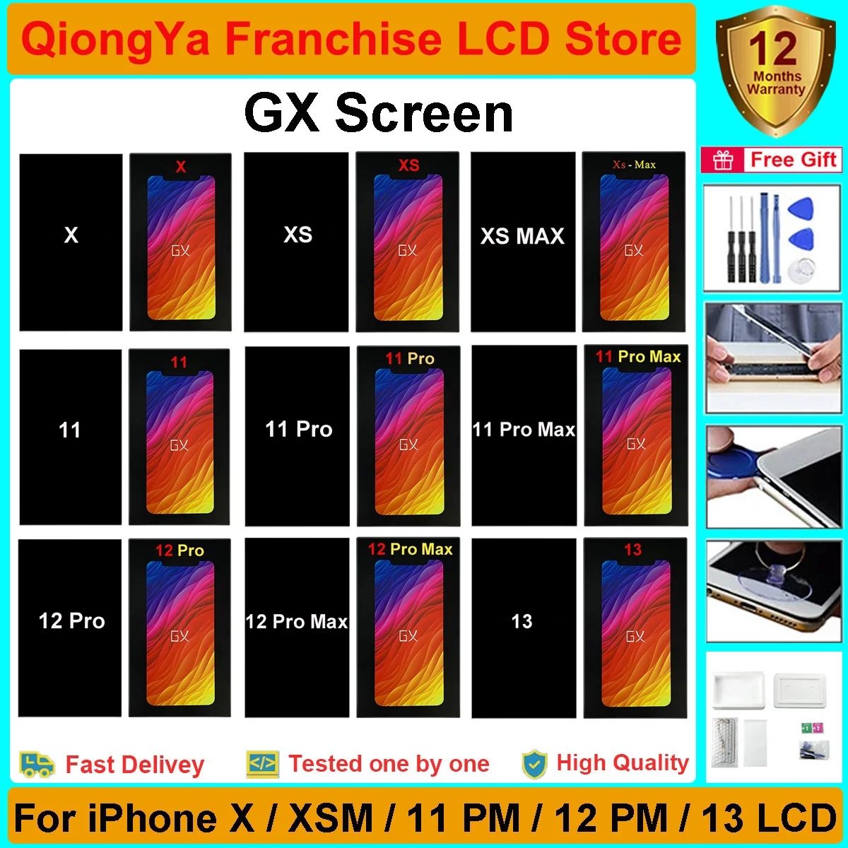 

GX AMOLED Screen For iPhone X / XS / XS Max / 11 / 11 Pro Max / 12 Pro Max / 12 Pro / 13 LCD and Touch Screen Digitizer Assembly