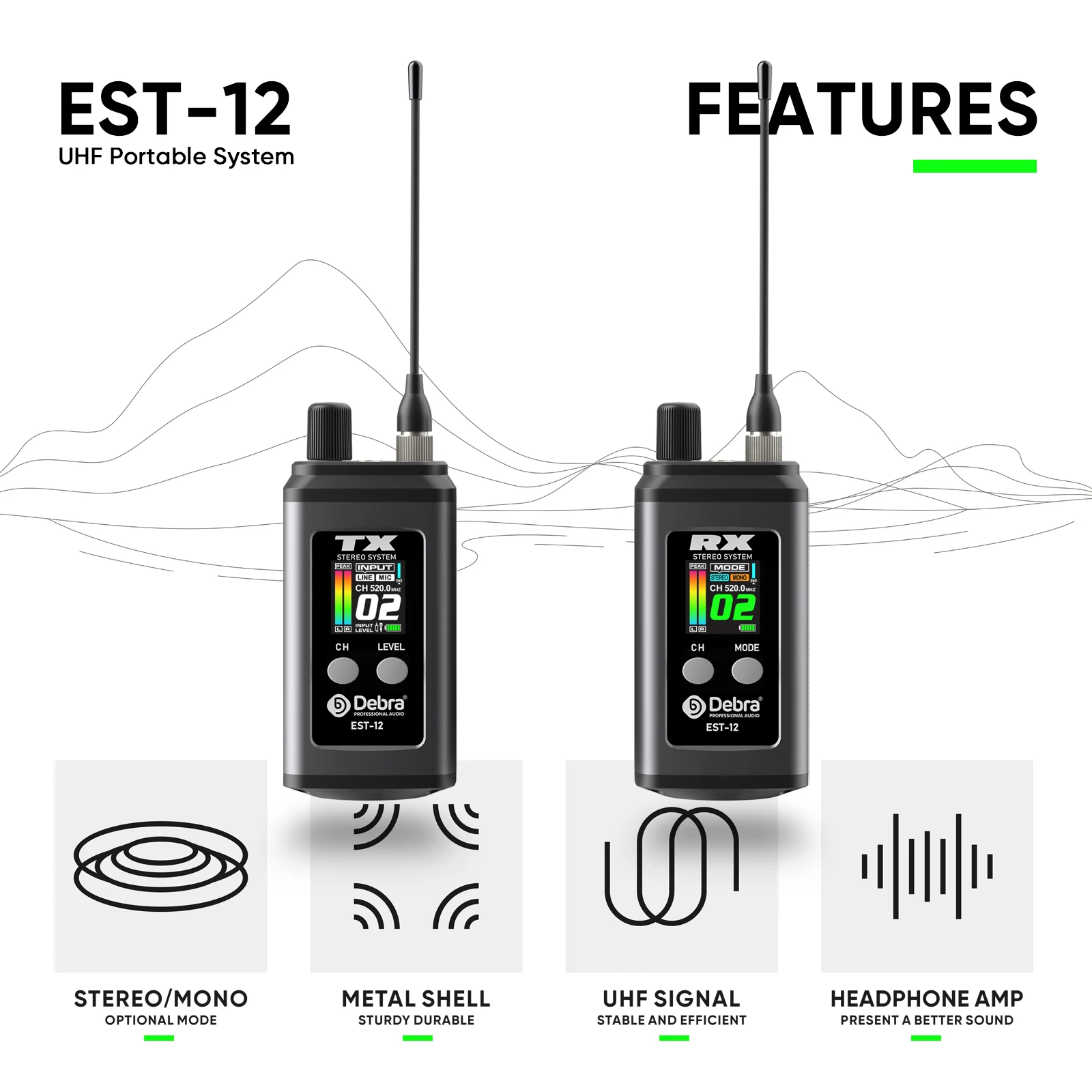 Debra EST-12 UHF Stereo Dual Channel Wireless In-Ear Monitor System, 20 Channels Switchable, 560~590MHz, For Church, Band
