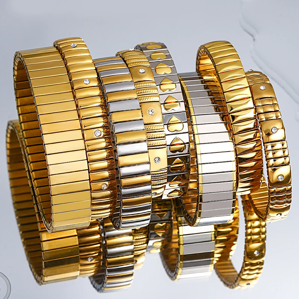 AENSOA brazaletes elásticos simples de acero inoxidable para mujer, brazalete clásico Vintage con incrustaciones de corazón y estrella de diamantes de imitación, resistente al agua
