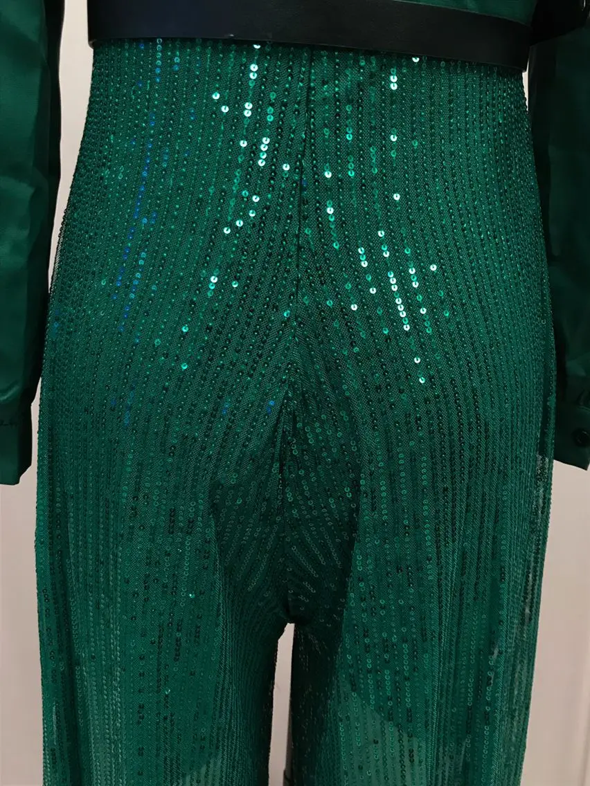 jumpsuit Women Spring Autumn, High-end V-neck Long Sleeved Shirt, Elegant Temperament, Cinched Waist, Sequins, French Wide Legs