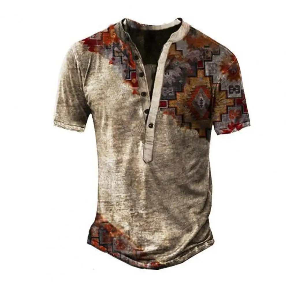 Summer Men's Shirts Geometric Print O Neck Short Sleeve Button T shirt Casual Retro Style Summer Top Blouse Chemise Homme