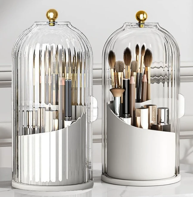 360° Rotating Makeup Brush Storage Box, Transparent Lid Desktop Cosmetic Organizer, 3 Compartments Dustproof Holder for Lipstick Powder Brushes & Beauty Tools