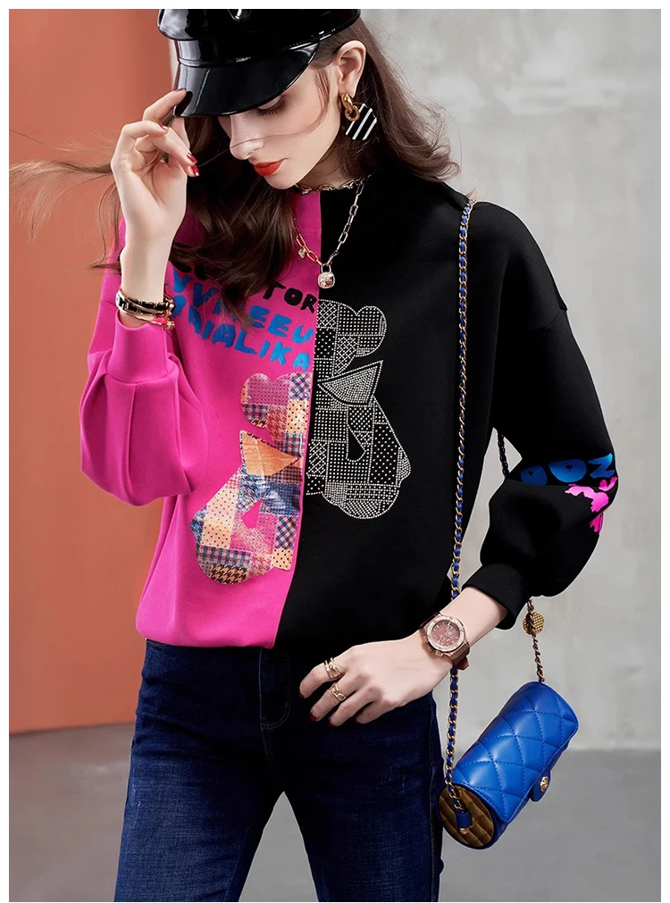 نمط الشارع بالإضافة إلى سترة صوفية نسائية كاجوال مرصعة بالألماس الثقيل وسميكة ومطابقة للألوان