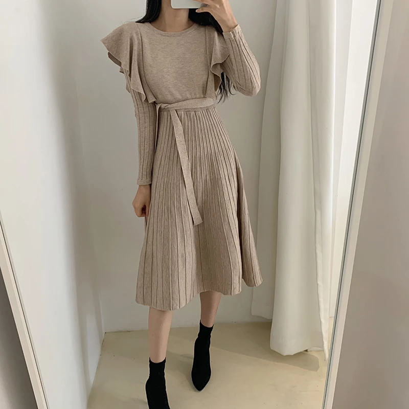 

Fashion O-neck Ruffles Long-sleeved Female Knitted Dress 2023 Autumn Lace-up Slim Waist Women A-line Dress Casual Knit Vestidos