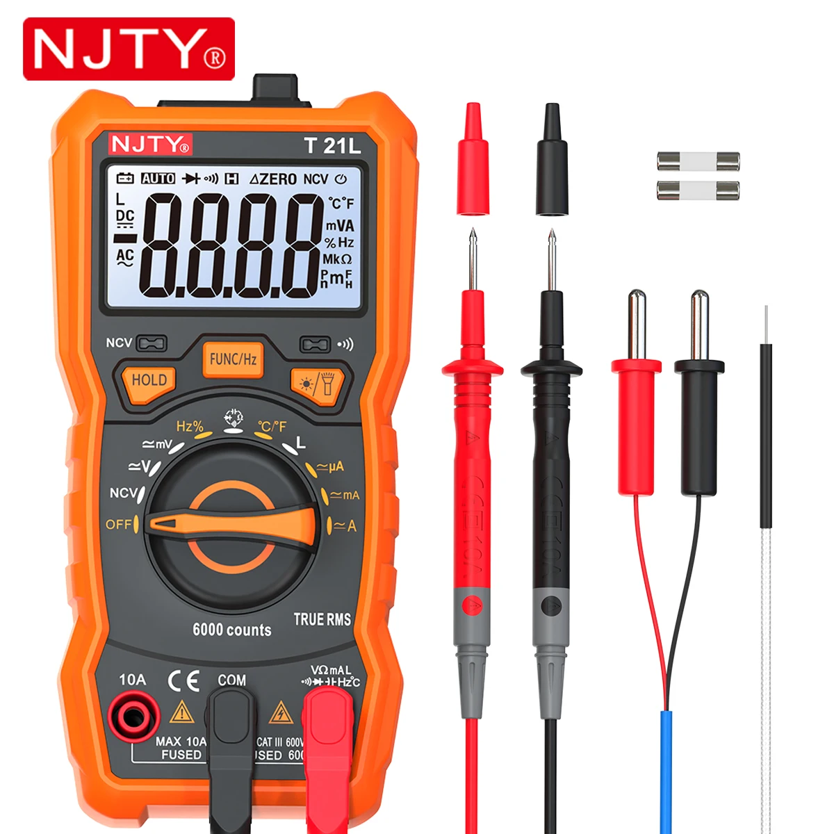NJTY T21 Professionelles True RMS-Digitalmultimeter, 6000 Zählungen, True-RMS, automatischer/manueller Bereich, AC/DC-Spannung, Anti-Burn-Voltmeter