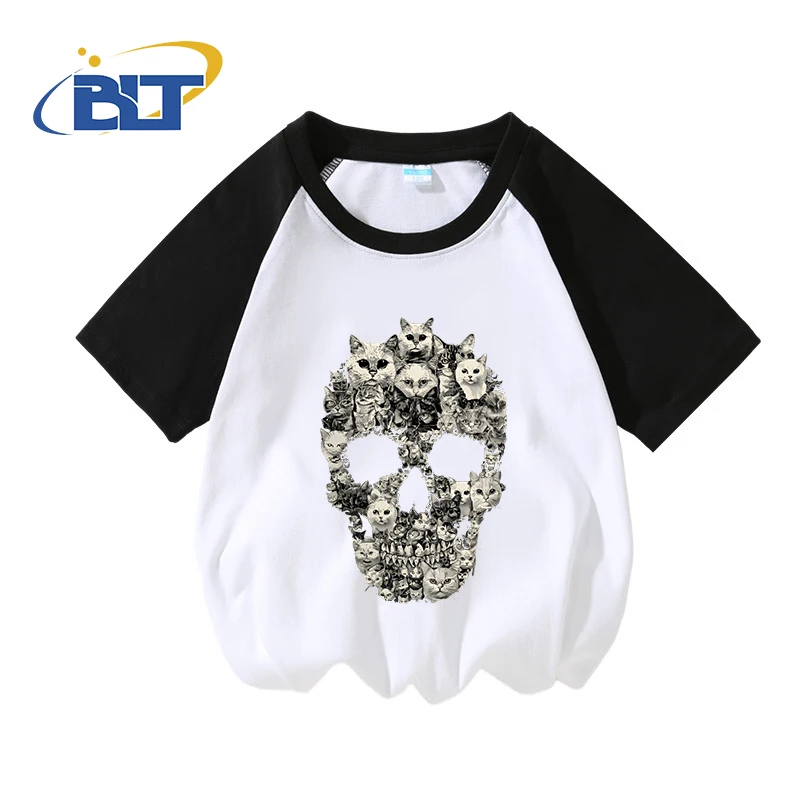 

Cat Skull printed kids cotton T-shirt summer contrast short-sleeved casual tops for boys and girls