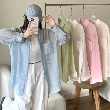 Summer Sunscreen Shirt Women Elegant Perspective Thin Chiffon Blouse 2026 New Loose Breathable and Sun-Proof Ice Silk Shirts 1