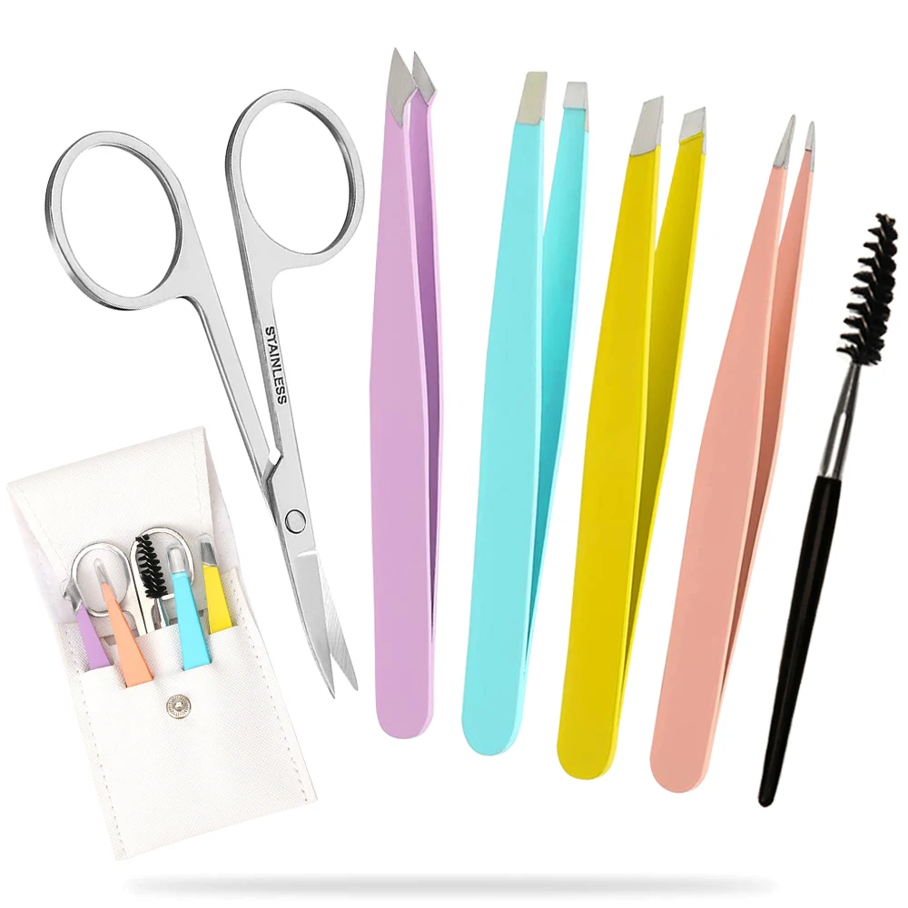 

4/6Pcs Eyebrow Tweezers Set Women Brow Clip Clamps Trimming Precision Tweezer Curved Scissors Leather Case Beauty Makeup Tools