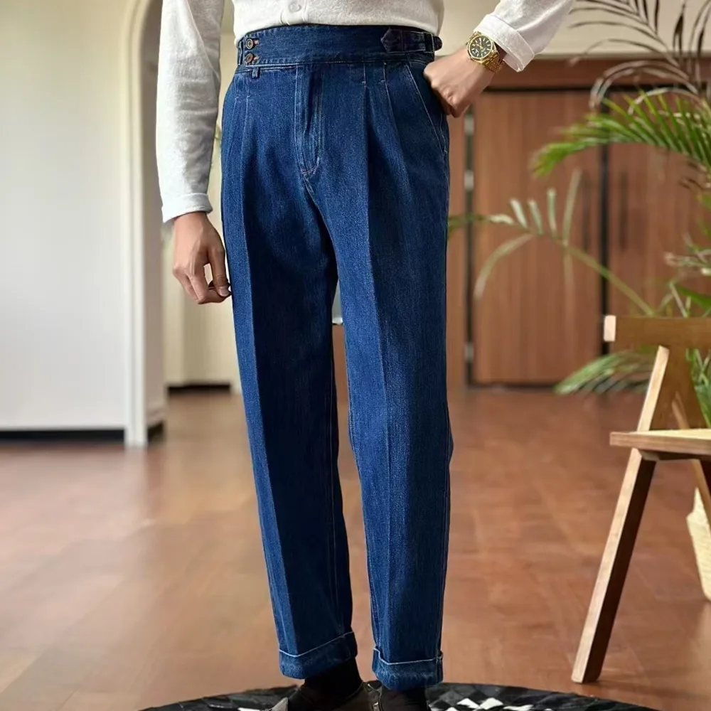 High Quality Double Pleated Jeans Straight Leg Pant Naples Straight Tube Loose Washed High Grade Business Pant Men Dress Trouser 4