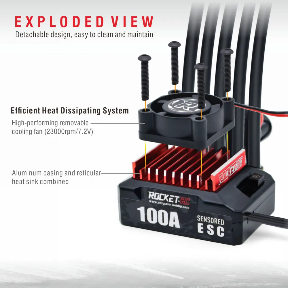 ESC Brushless 100A 2-3S ROCKET-RC Etanche + Program Card pour Voiture RC 1/10