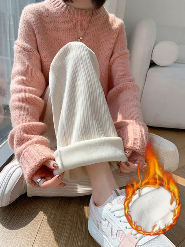 Thick Warm Velvet Trousers Women Pants Autumn Winter High Waist Wide Leg Pants Fleece Inside Female Long Pants Trousers Casual
