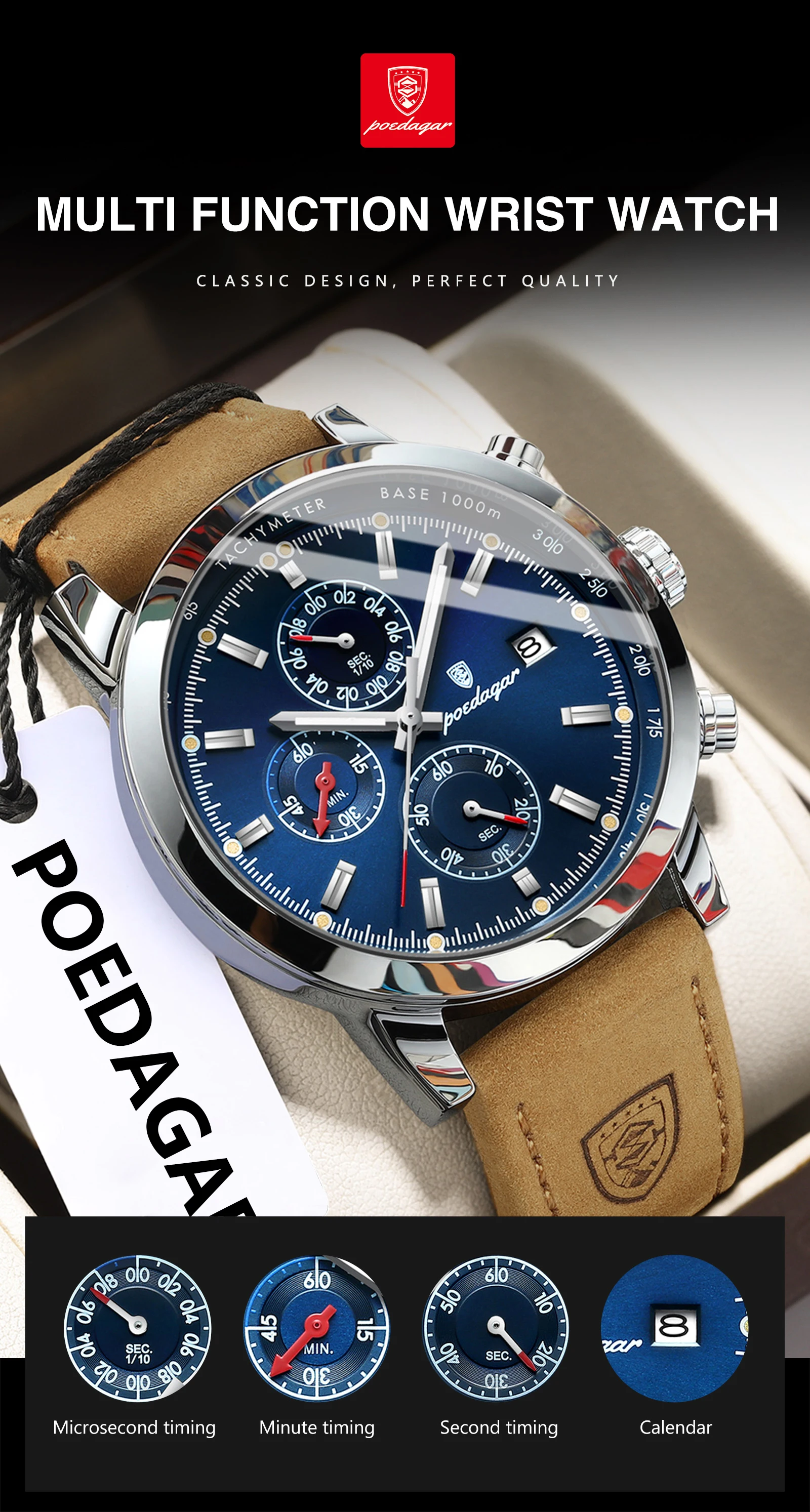 POEDAGAR Funktionale Herren-Armbanduhr mit Datum, wasserdicht, leuchtend, Chronograph, Leder, Quarz, Militäruhr + Geschenkbox_voghion.com