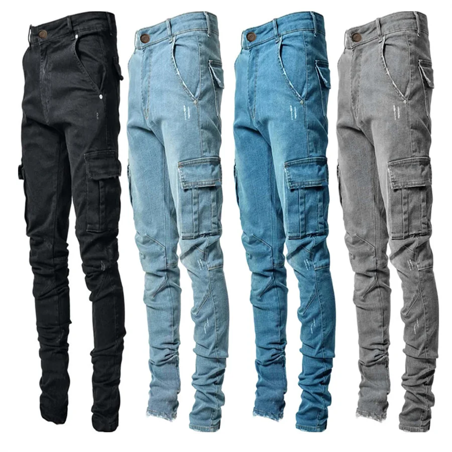 2025 New Men's Denim Cargo Pants Multi-pockets Design Solid Slim Jeans ...