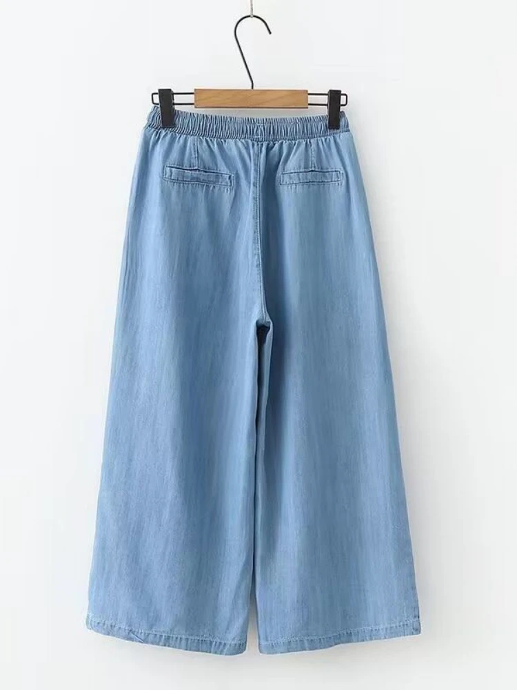 Pantalones de mezclilla suave para mujer, Pantalón liso de cintura elástica, holgado, de pierna ancha, sencillo, ajustado, recto, hasta la pantorrilla, novedad de verano 2024