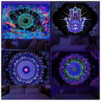 VIKAMA – tapisserie à main Hamsa, Illusion de néon, nébuleuse cosmique, dans tous les yeux, salle de méditation, style bohème, décoration de maison pour chambre à coucher 1