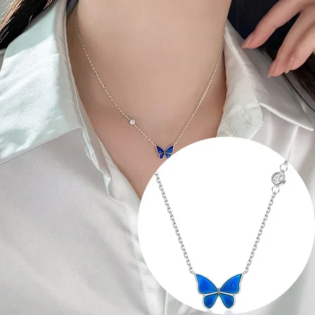 2024 Mood Necklaces Butterfly Pendant Necklace Temperature Control Color Change Necklace Stainless Steel Chain Jewellery Women