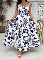 Plus Size 2025 Summer New Holiday Floral Halter Dress with Ruffle Hem and Gathered Bust Plus Size Dress Polyester - Image 2