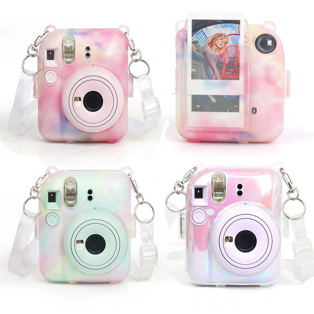 For Fujifilm Instax Mini 12 Camera PC Color Case Crystal Protective Shell Photo Storage Bag with Strap for Mini12 Instant Camera