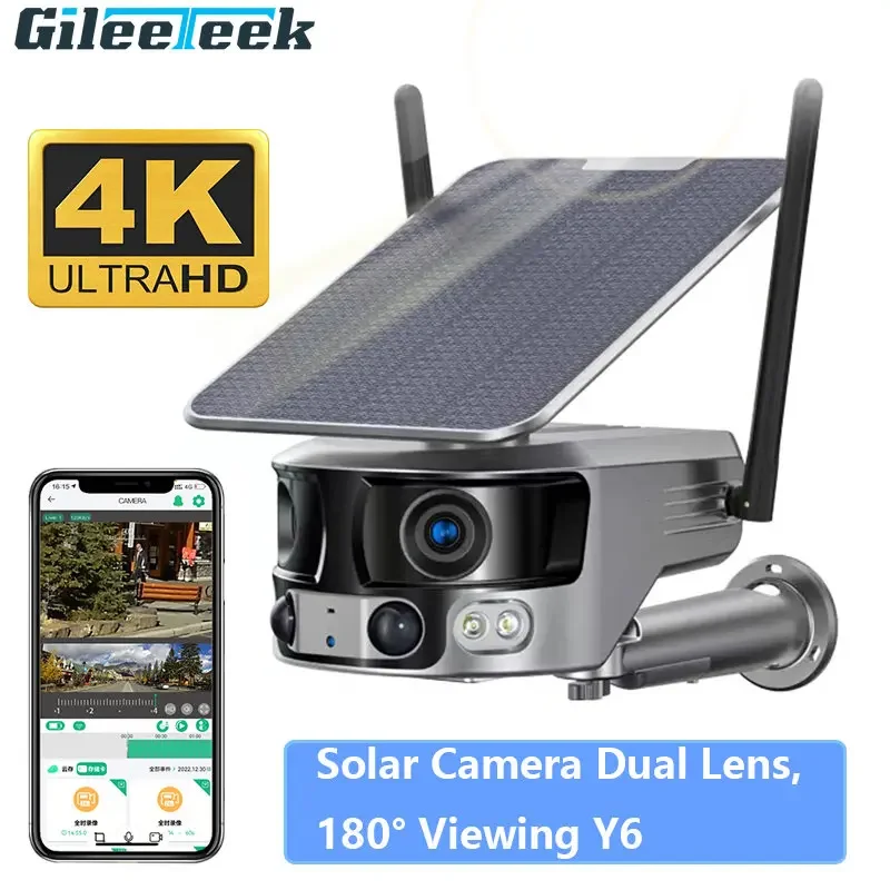 Telecamera Wireless 4G/Wifi Telecamera Solare Y6 Doppia Lente 4K Hd 8Mp Super Hd Outdoor 6Mm Len 180 Grandangolare Con Pannello Solare 6W