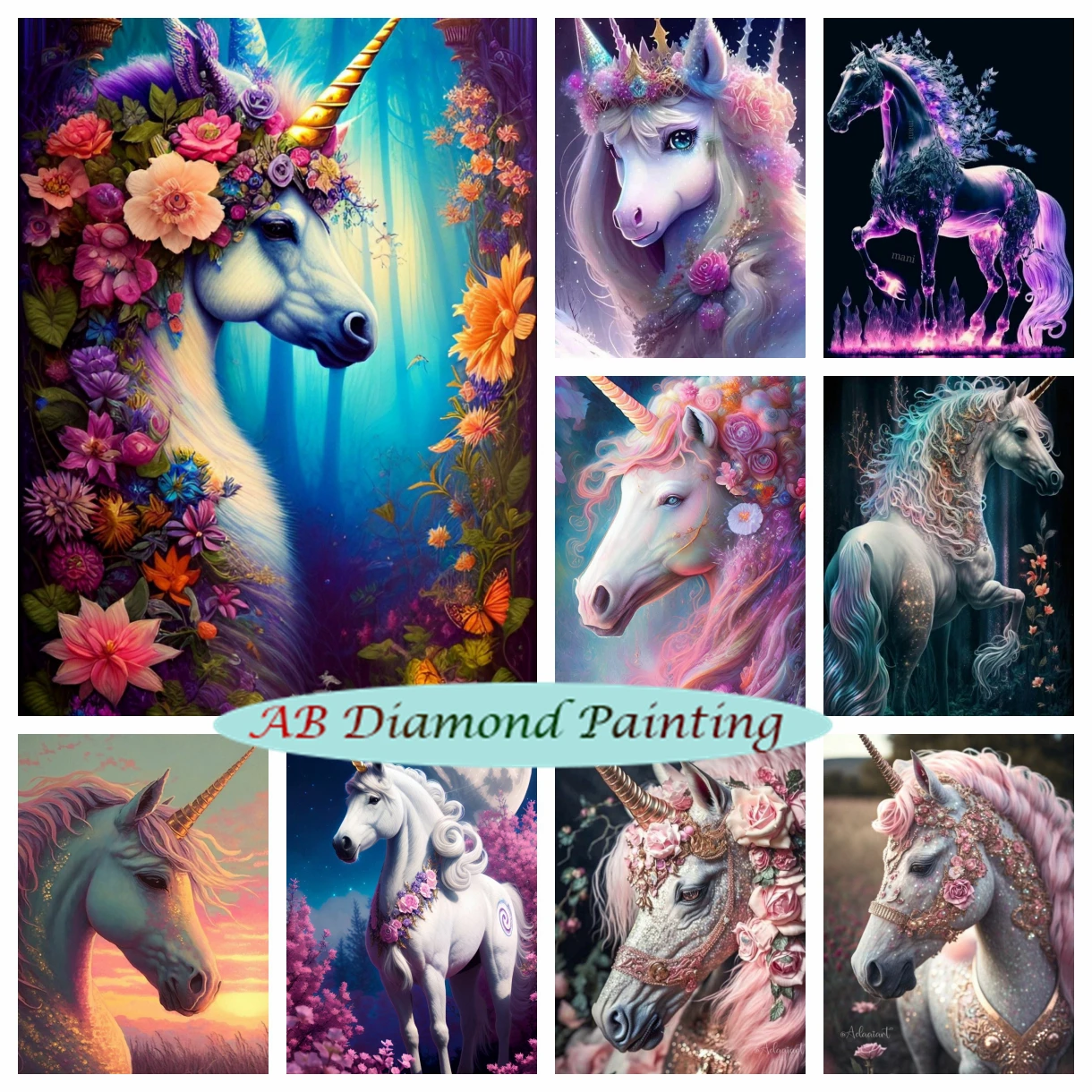 

Pink Horse Unicorn AB Diamond Painting Fantasy Animal Cross Stitch Kits Flower Rose Mosaic Embroidery Art Home Decor Craft Gift