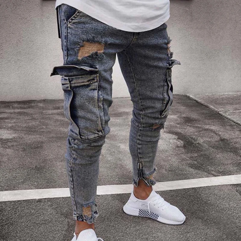 유럽과 미국의 국경 간 무역 남성 청바지 아마존 스트레치 무릎 찢어진 지퍼 슬림핏 긴 바지