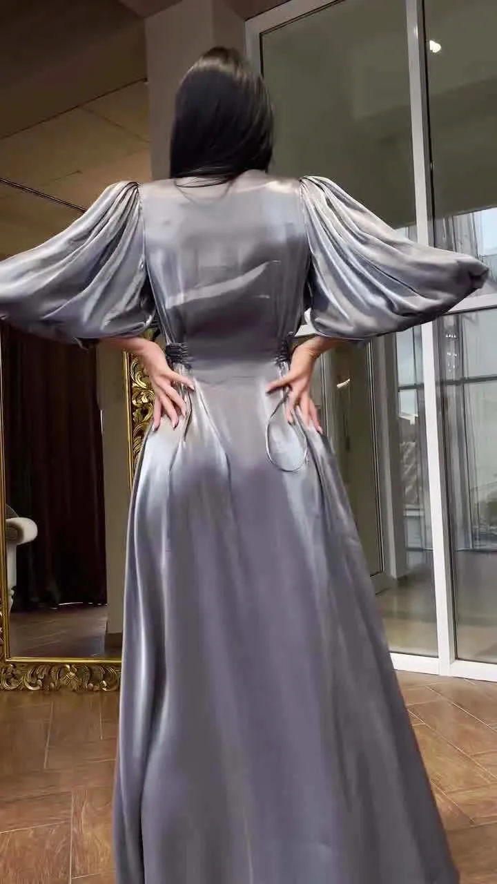 Elegant Satin Evening Dresses for Women Long Sleeve Gray Robe Dubai Abaya  Morocco Maxi Luxury Party Dress New Fashion - AliExpress 200000345