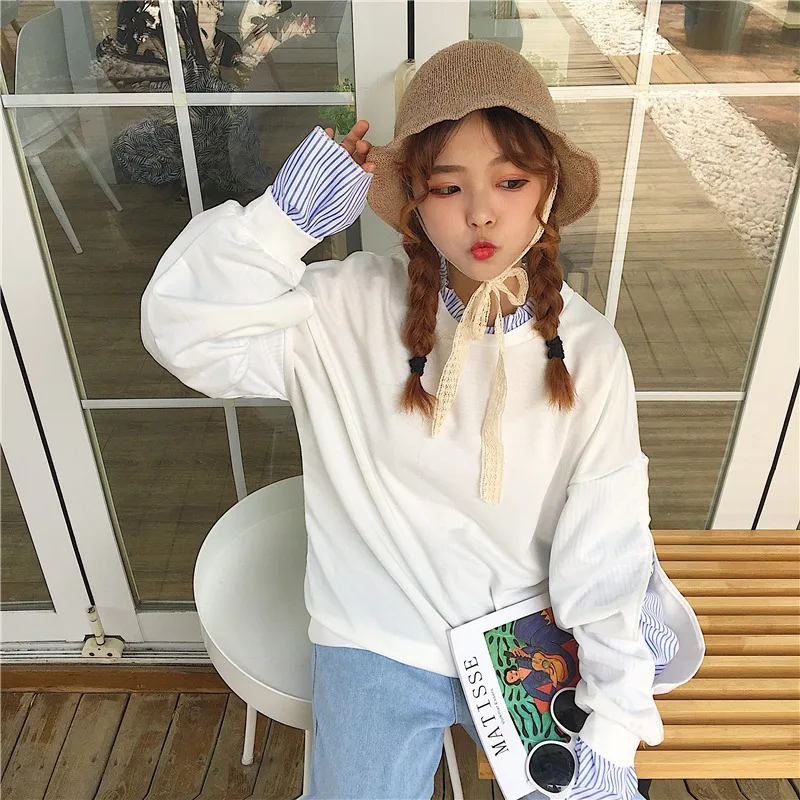 Fake Two-piece Long-sleeved Sweatshirts Women Striped Patchwork O-neck Korean Style Fashion Casual Daily Basic Pullover Female
