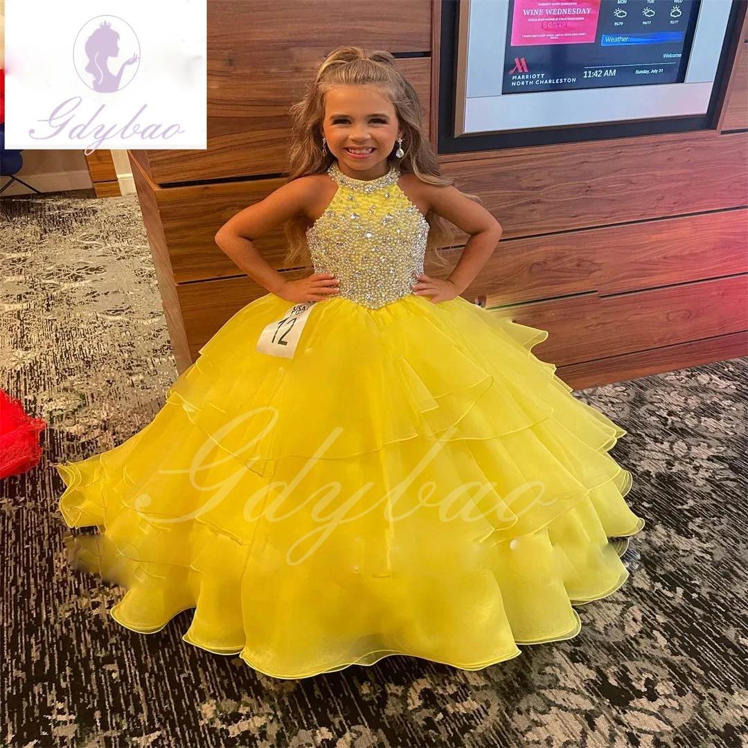 Pink Flower Girl Dress For Wedding Tulle Puffy Beaded Sleeveless Ruffles Kid Birthday Pageant First Communion Ball Gown