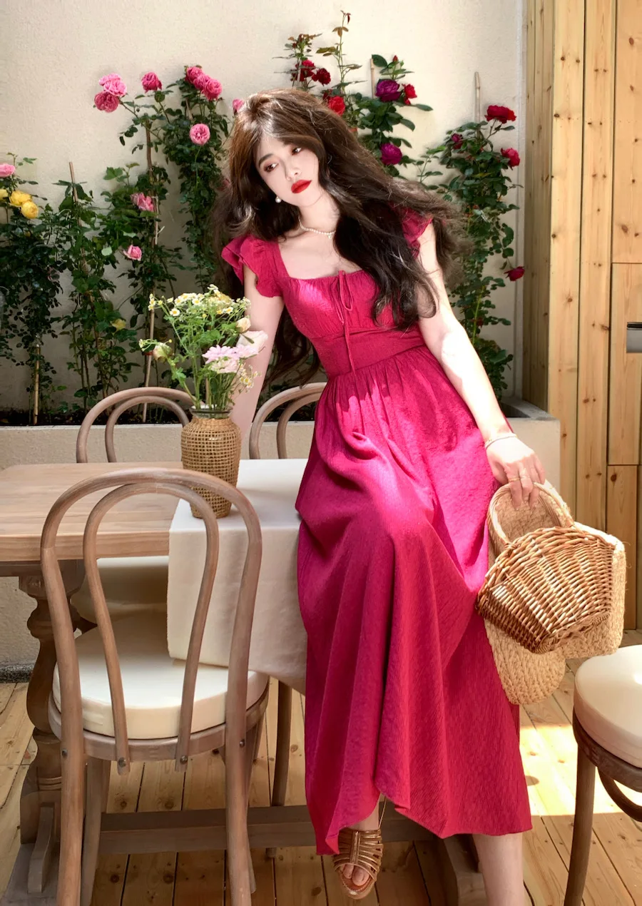 Elegant Vintage Midi Dresses for Women Summer New Square Collar High Waist Princess Party Dress Casual A-line Vestido Mujer