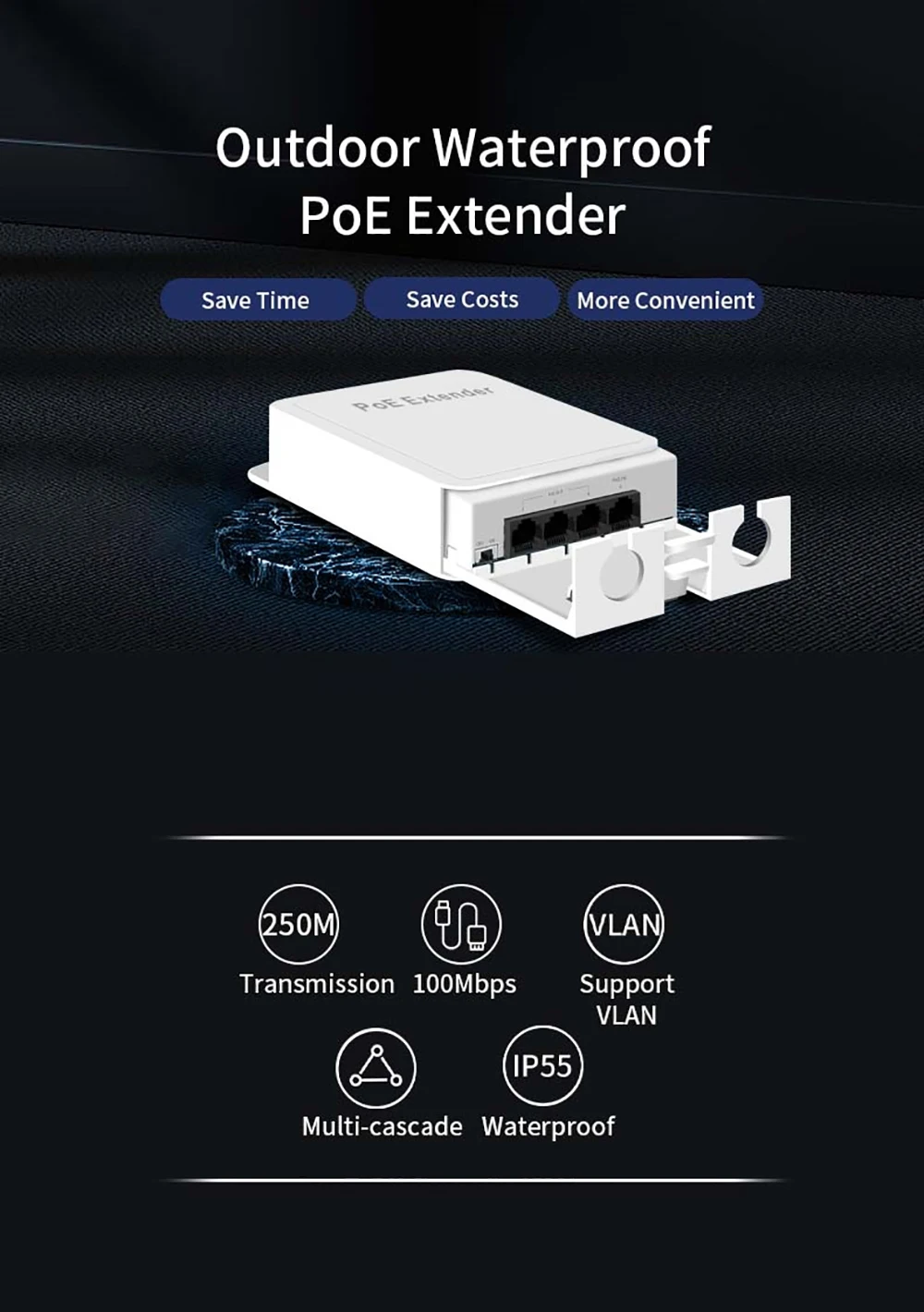 4 Port Waterproof POE Repeater 10/100Mbps Outdoor Network POE Extender IP55 VLAN 44-57V 30W IEEE802.3af for POE System Camera 2