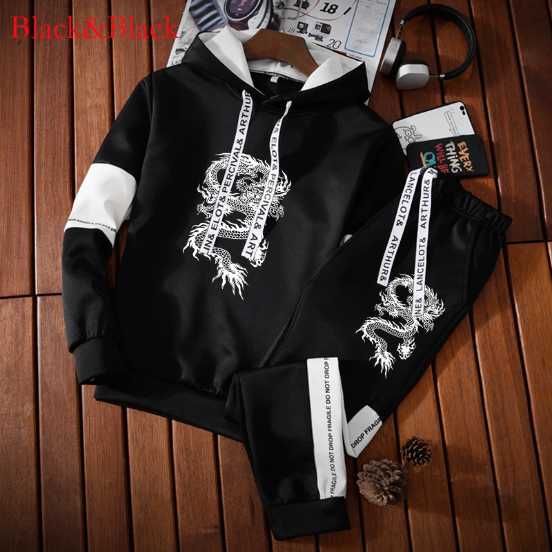 Men's Clothing Fashion Chinese Style Dragon Print Sports Wear Jogging Suits Hooded Tracksuit Set Hoodies+Sweatpants Sweat Suits