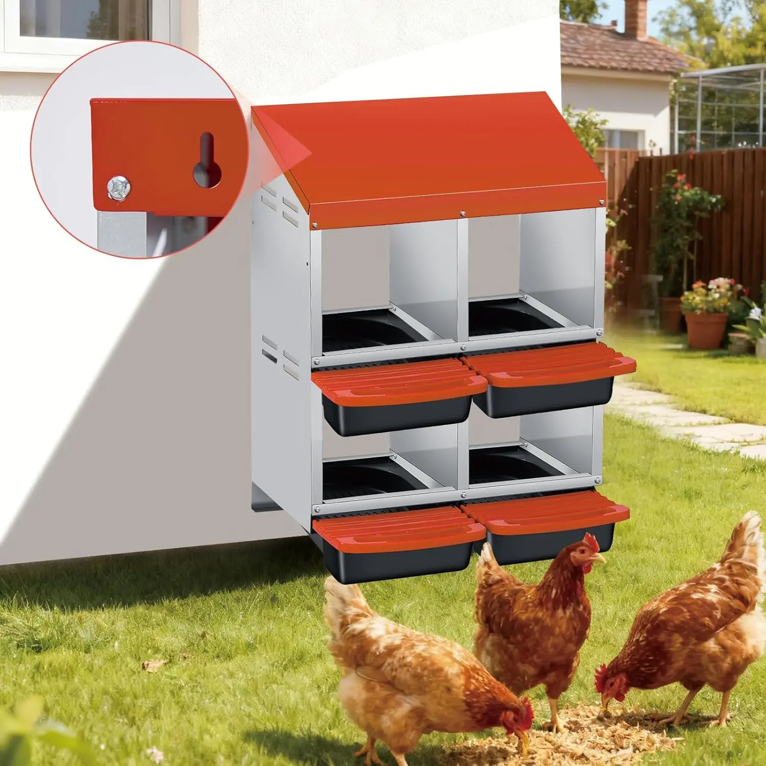 2-stufige zusammenklappbare Hähnchen-Nistkasten, 4 Fächer, Metall-Legboxen mit ausziehbarer Eierbox, Henne-Nistkasten, Eierkollektion – Detail 8