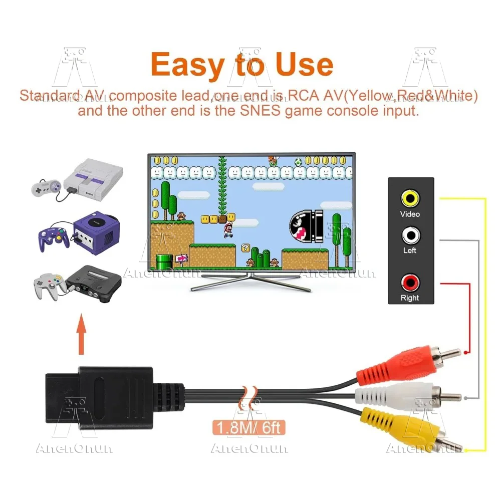 High Quality AV Cable - 1.8M/6ft TV Audio Video Composite Cord for Retro Gaming Consoles