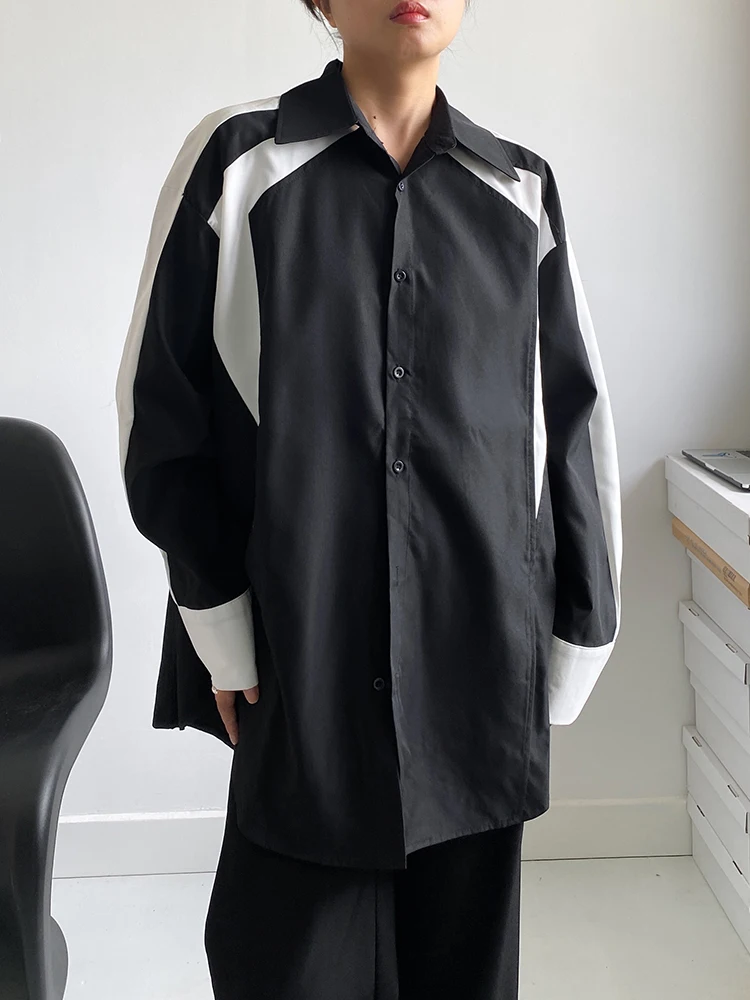 

SuperAen Black and White Patchwork Long Sleeved Shirt Loose Casual Shirt Women Tops