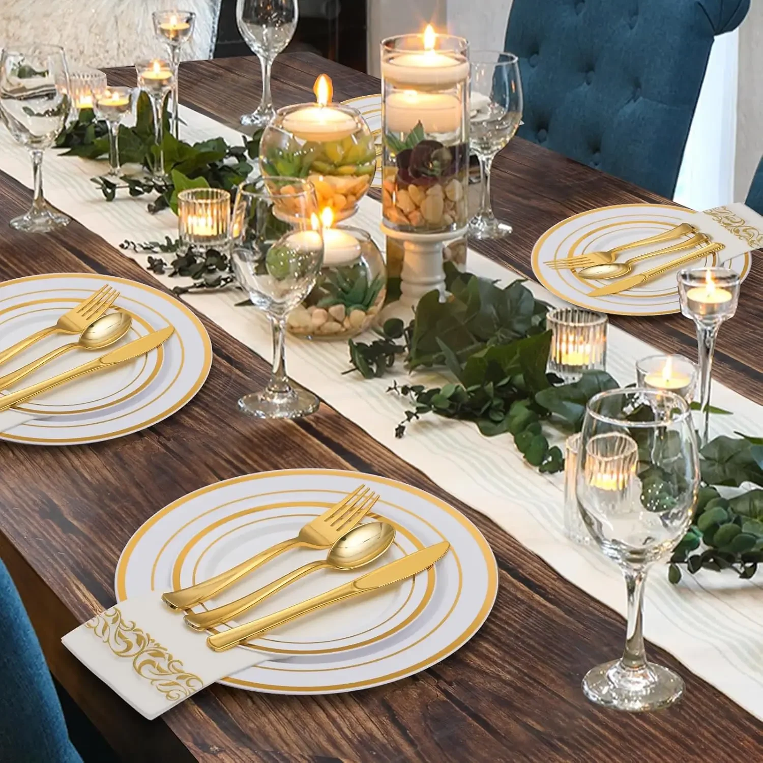 700 Piece Gold Dinnerware Set for 100 Guests Disposable for Party Include Gold Rim Dinner Plates Dessert Plates Paper Napkins
