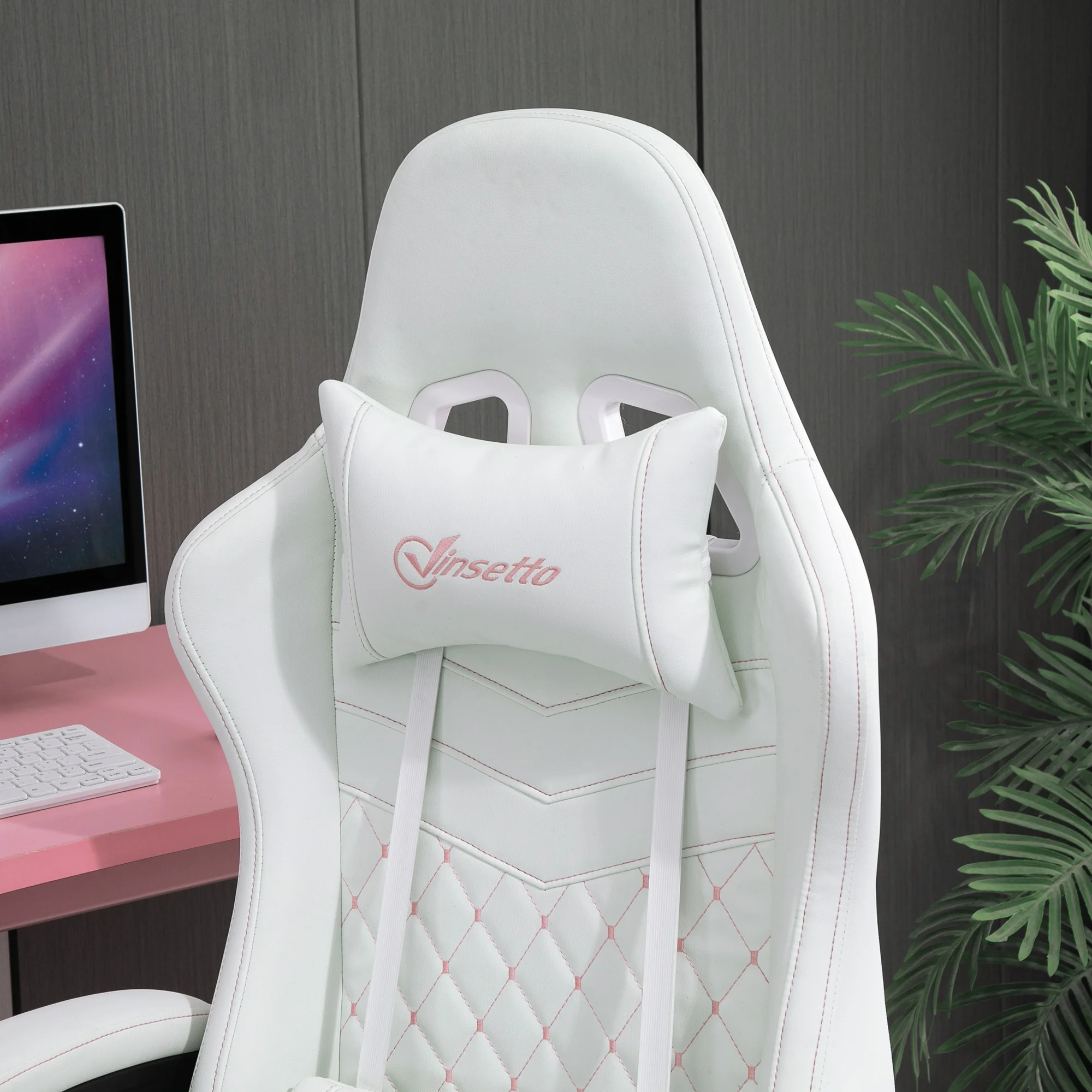 Racing Gaming Chair W/ Padded Arms, Pu Leather Gamer Recliner Home Office White 4