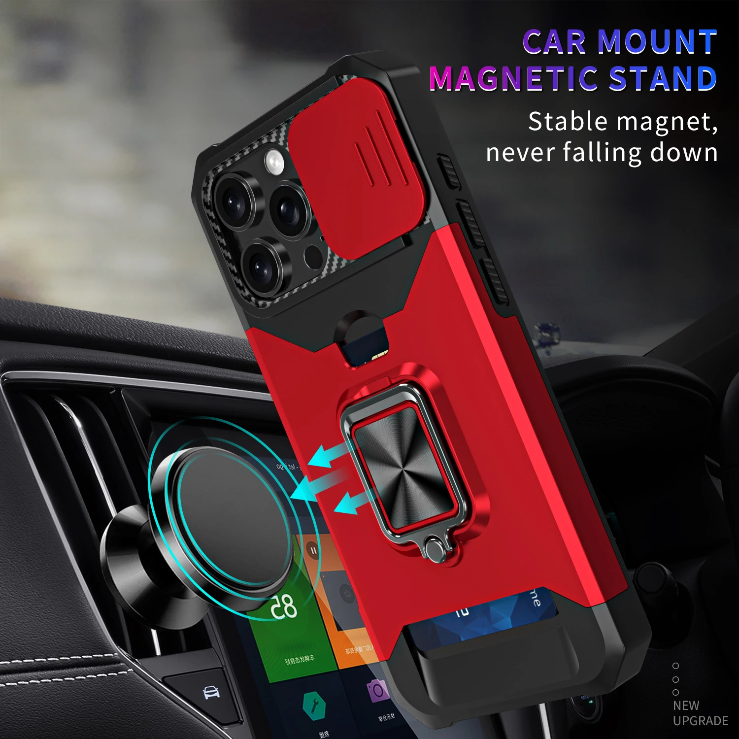 Rotating Armor Hybrid Case with Slide Camera Lens Cover and Ring Stand