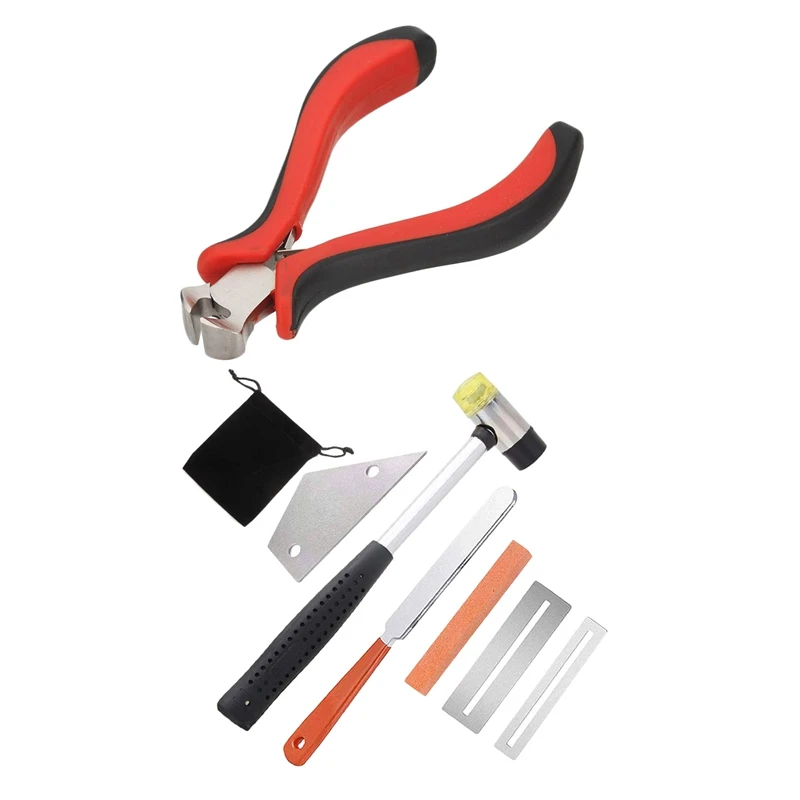 1Set Guitar Fret Puller Protect Fretboard Steel Plate Kit E 1Set Fret Rubber Hammer, Guitar Fret Crowning File