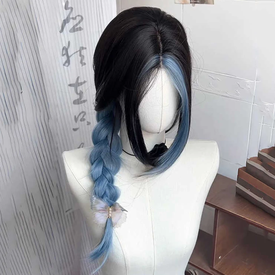 Synthetic Blue Black Straight Wig with Bangs for Women Cosplay