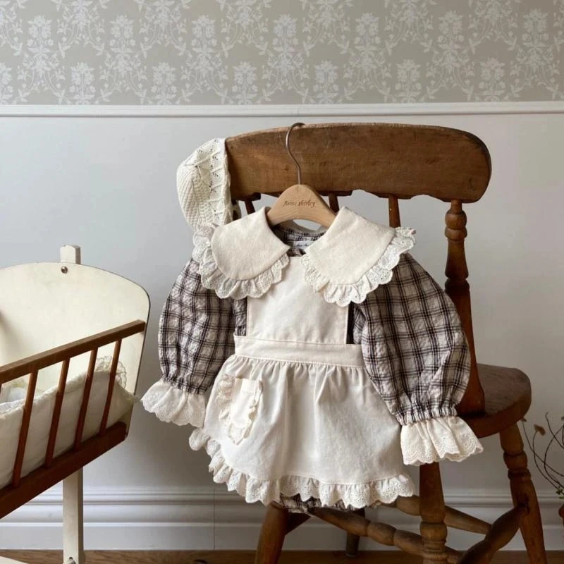 

New Girl Fashion Vintage Princess Bodysuit Toddler Plaid Peter Pan Collar Cotton Puff Sleeves Jumpsuit+ Cute Detachable Apron