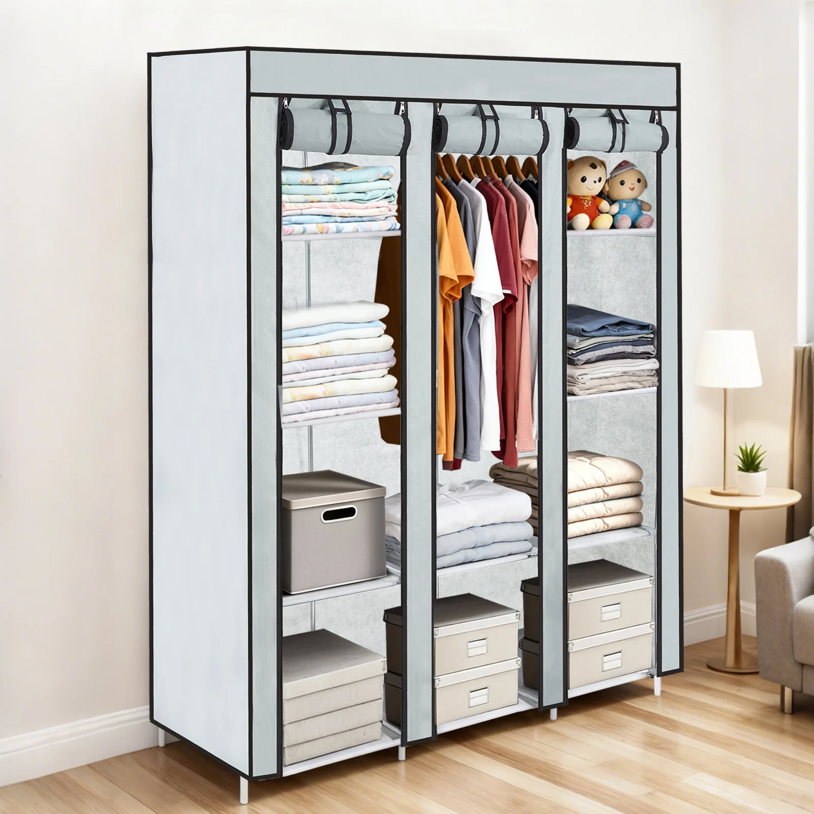 Canvas Wardrobe for Bedroom, Fabric Wardrobe Clothes Storage with 6 Shelves and Hanging Rail, Upgraded fabric wardrobe with 4 Si