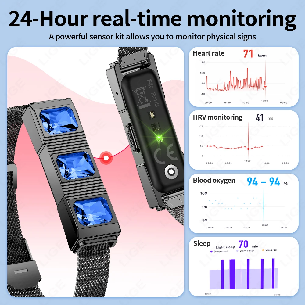 LIGE Armband für Damen und Herren – Herzfrequenzmessung, Blutsauerstoffmessung, Schlafüberwachung, wasserdichte Armbanduhr, Sport- und Fitnessarmband_voghion.com