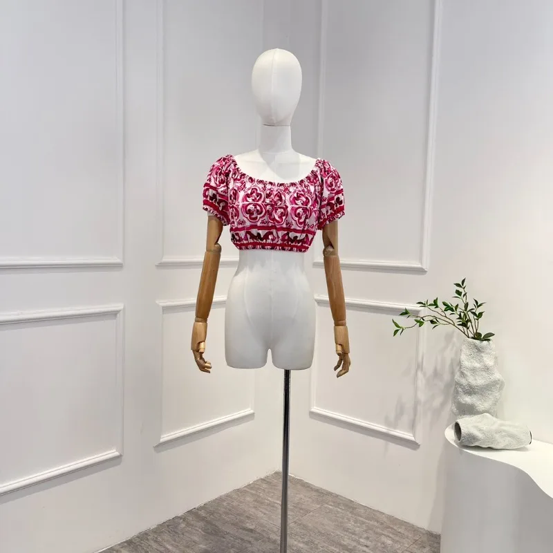 

2023 New Fashion Women Tops and Skirt Set Summer High Quality Red Floral Printing Cotton Folds Vintage Suit