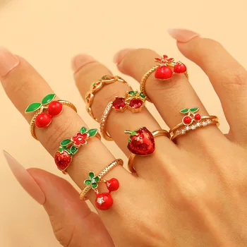 Korean Fashion Cherry Strawberry Ring Cute Sweet Red Fruit Rings For Women 2025 Trending New Jewellery Accessories Anel Bague