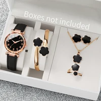 6PCs/Set Women's Watch Fashion Digital Leather Quartz Watch with Unique Flower Jewelry Set 1