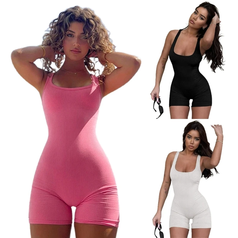 Women Summer Ribbed Sleeveless Tank-Bodycon Rompers Short Yoga Jumpsuit Playsuit Dropship